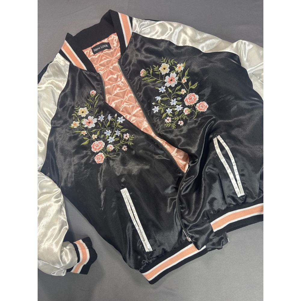 New Look Floral Embroidered Satin Bomber Jacket Black White XL